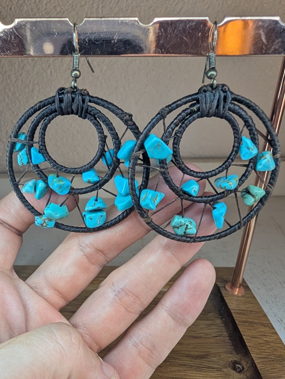 Turquoise Southwestern Boho Handmade Circular Dangle Earrings Wire Wrapped